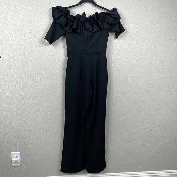 NWT Xscape Ruched Ruffle Scuba Crepe Jumpsuit Black Off The Shoulder Sz 2 - Picture 8 of 15